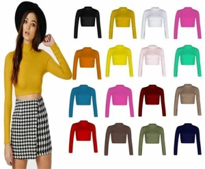 Women Polo Neck Long Sleeve Crop Top Ladies Party Wear Plain Stretch Shirt Top - Bild 1 von 26