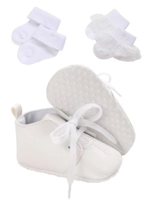 Baby Baptism Shoes & Socks Boys Girls Infant Toddler Soft Sole White Christen... - Image 1 of 4