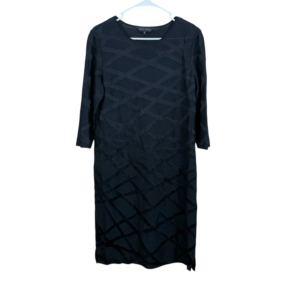 MING WANG Precioso Vestido Negro Elegante Estampado de Carrera Negro Mediano Usado en Excelente Condición Foto 1 de 4
