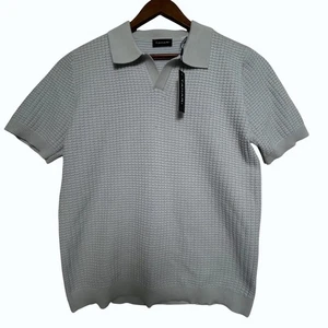 Tahari Polo Sweater Mens Medium Gray Blue Knit Short Sleeve Textured New - Picture 1 of 8