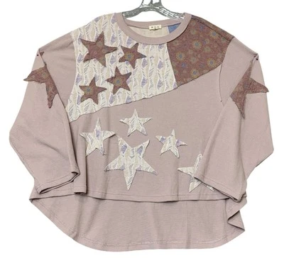 Pol Women's Burst Of Stars Long Sleeve Top Pullover Pink Upcycled Small -NEW - Image 1 of 4