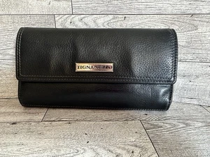 TIGNANELLO Portafoglio Trifold Pelle Ciottolata Nero Organizzatore Pochette Fodera Nera - Foto 1 di 9