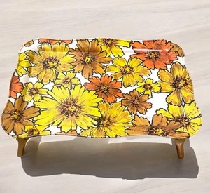 Vintage Metal TV Lap Tray Folding Orange Yellow Brown Floral Daisy BOHO 17x12 - Picture 1 of 8