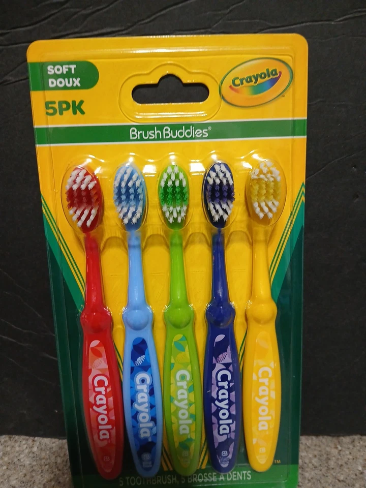 Crayola BrushBuddies 5 cepillos de dientes rojo suave, azul, verde, púrpura, amarillo Foto 1 de 2