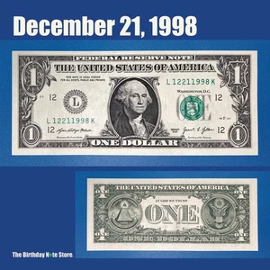 December 21, 1998 Birthday Anniversary $1 One Dollar Bill Serial Number 12211998 - Picture 1 of 2