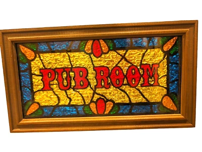 Vtg Retro Pub Room bar sign wood framed, foil art faux stain glass bar decor 13" - Image 1 of 4