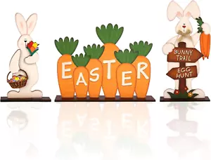 3Pcs Easter Wooden Table Sign Easter Bunny Decorations for Home Egg Hunt Tableto - Picture 1 of 12