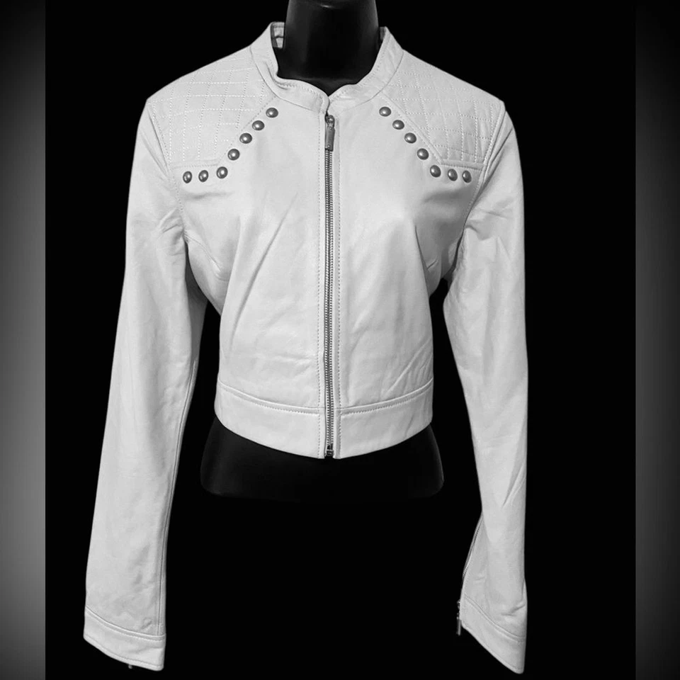 Chaqueta de cuero blanca Affliction | Chaqueta corta de cuero con tachuelas para mujer | NUEVA CON ETIQUETAS XL Foto 1 de 4
