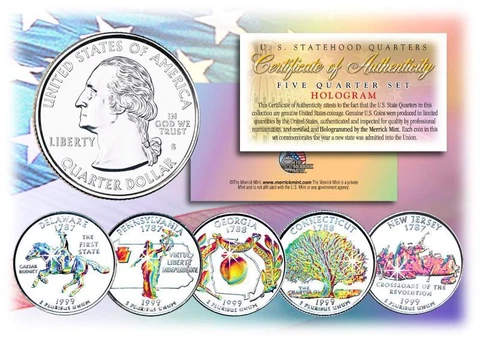 1999 HOLOGRAM U.S. MINT STATE QUARTERS * Complete Set of 5 Coins * with Capsules Cover