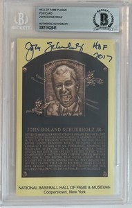 John Schuerholz HOF Slabbed  Signed Plaque Postcard BAS Beckett 841