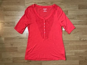 Old Navy Short Sleeve Lace Overlay Orange Shirt Womens L Buttons Cotton Blend - Picture 1 of 9