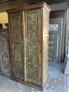 Rustic Farmhouse Armoire, Floral GREEN Carved Cabinet, Reclaimed Wood WARDROBE