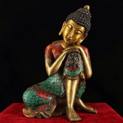 Chinese Antique Tibetan Buddhism Old Copper Hand-set Gemstone Sleeping Buddha • 429£