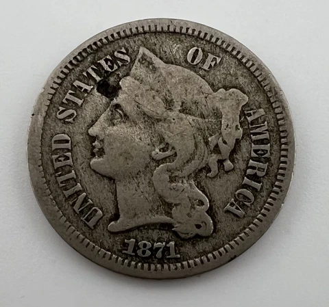 1871 3 Cent Nickel Details F/VF Cover