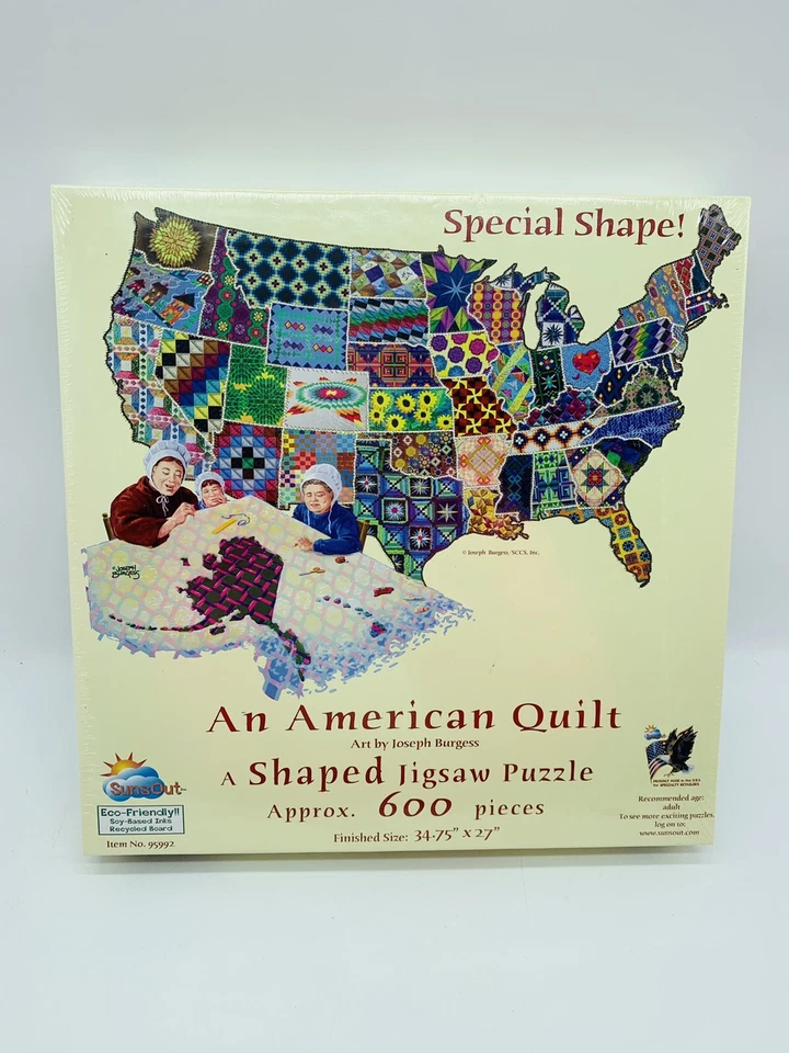 An American Quilt Jigsaw Puzzle USA Map Shaped Sunsout 600 Pieces Brand New - Image 1 of 4