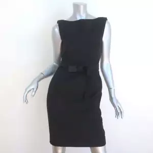 Hanii Y Belted Sheath Dress Black Wool Size 40 Sleeveless Boatneck - Picture 1 of 10