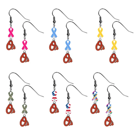 Baltimore Orioles Ribbon Earrings Pink Cancer Blue Yellow Camo USA Crucial Cover