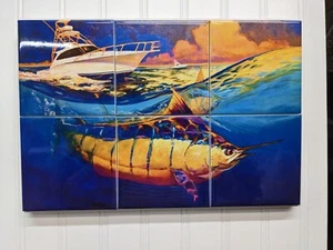 Keramikfliesenkunst Wandbild, Fliese Wandbild Dekor, Segelfisch Meer Fischer Boot, Maritim - Bild 1 von 4