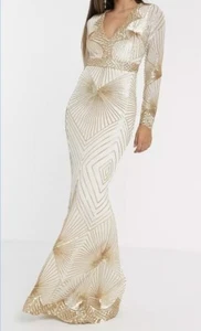 NEW Womens White Evening Gown Sz 8 US Gold Sequence Hourglass Mermaid Glam Gala - Picture 1 of 9