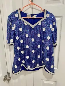 Vintage STENAY Plus Silk BEADED SEQUIN TOP Blue Short Sleeve Polka Dot - Wedding - Picture 1 of 6