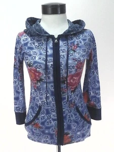 FREE PEOPLE Hoodie Jacket Floral Thermal Lightweight Blue Pink Orange Zip sz S - Picture 1 of 6