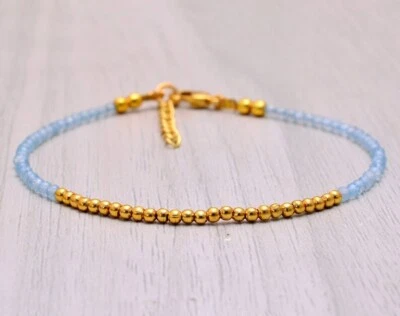 Contas redondas facetadas de água-marinha delicadas folheadas a ouro 2-3 mm pulseiras 6-8"" - Imagem 1 de 4