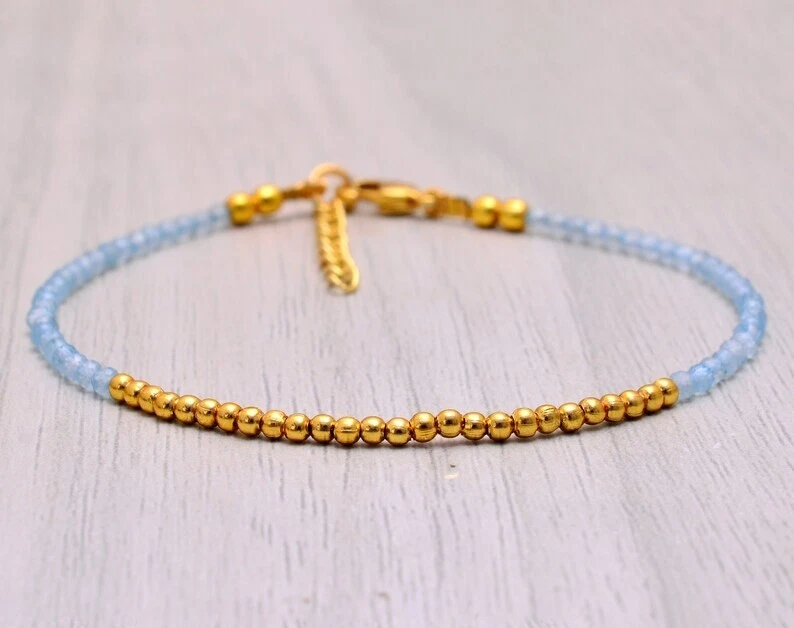 Delicadas pulseras aguamarina facetadas redondas con piedras preciosas rellenas de oro 2-3 mm 6-8"" Foto 1 de 4