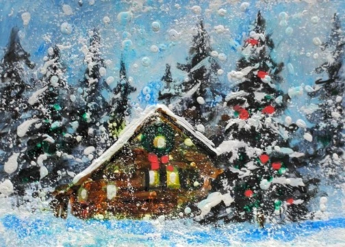 ACEO Original PINTURA Invierno CASA DE NAVIDAD Cabaña Árboles Nieve Vacaciones Paisaje ARTE Foto 1 de 1