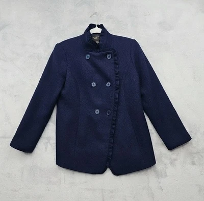 Ann Taylor Womens Navy Blue Pea Coat Size MP Double Breasted Ruffled Wool Blend - Image 1 of 4