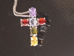 Vintage Multi Gemstone Cross Sterling Silver Necklace 16" - Picture 1 of 8