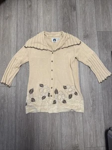 Storybook Knits Neutral Cardigan Cottagecore Long Sweater Floral Fril Collar XL - Picture 1 of 15