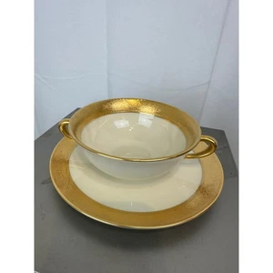 Lenox Westchester flache Creme Suppe Schüssel 2 Griffe & Untertasse Set Band in Gold USA - Bild 1 von 6