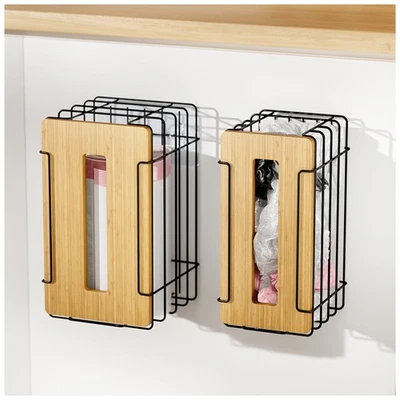 Paquete de 2 soportes para bolsas de supermercado, montaje en pared, negro, organizador de bolsas de plástico, cocina Foto 1 de 4
