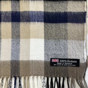 Bufanda 100% Cachemira 11x65" Hecha en Escocia Tostada Azul Marino Negro Blanco Grande a Cuadros - Imagen 1 de 10