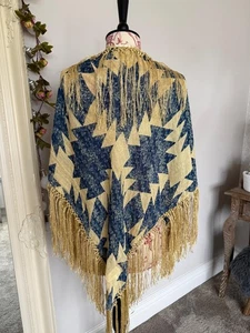 Ralph Lauren Denim & Supply Aztec Tribal Blue Gold Tasselled Scarf Shawl RARE - Picture 1 of 7