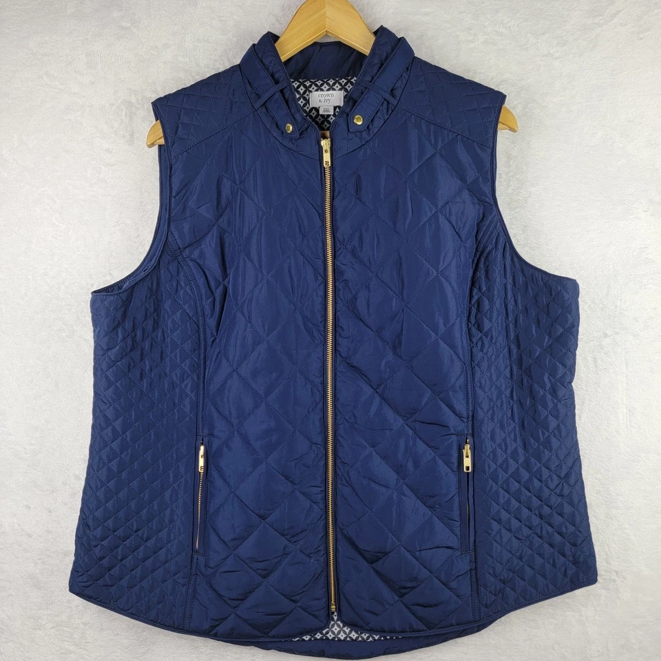 Crown Ivory 2X Chaleco Puff Chaqueta Azul Dorado Cremallera Completa Bolsillo Acolchado Viaje Informal  Foto 1 de 4