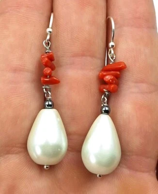 Orecchini  di Argento 925 Perla Naturale e corallo Rosso con pendenti - Immagine 1 di 4