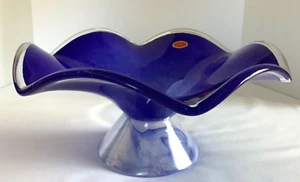 Lavorazione Arte Murano Cobalt Blue Pedestal Fruit Bowl w/Clear Scalloped Edge - Picture 1 of 8