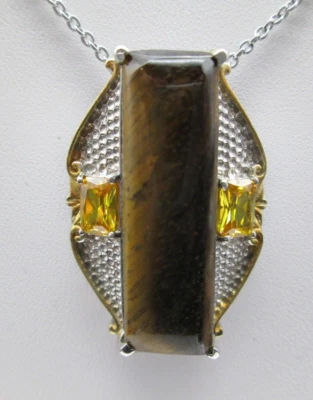 Tiger Eye Genuine Yellow Rhinestone Stainless Steel 18" Necklace Karis Estate - Image 1 of 4