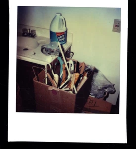 VTG "80s POLAROID SNAPSHOT PHOTO MAGGIE'S BOTTLE OF WHITE MAGIC BLEACH & HANGERS - Picture 1 of 1