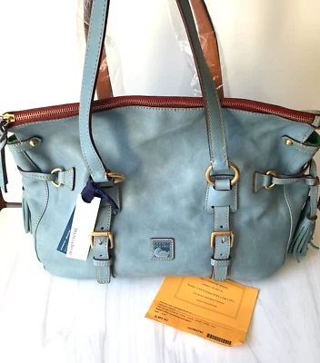 NWT Dooney & Bourke Double Strap Tassel Satchel RARE Dusty Blue Some Orig Wrap - Image 1 of 4