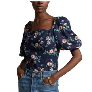 POLO RALPH LAUREN Blouse Sz 18 Linen Puff Sleeve Floral Print Navy Blue - Picture 1 of 12