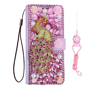 Pink Peacock Bling Diamonds Stand Leather Wallet Women Phone Case And 2 Lanyards - Picture 1 of 11