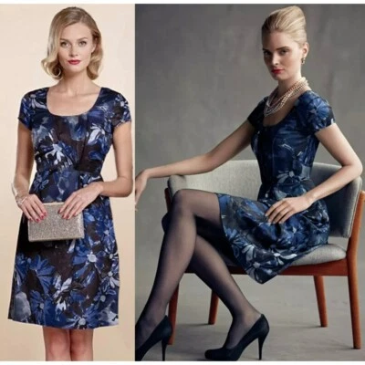 Vestido Banana Republic X Mad Men Begonia Mujer 6 Azul Negro Mezcla de Lino Trabajo de Rodilla Foto 1 de 4