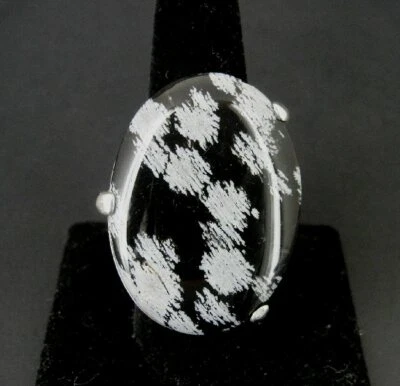 Anillo Plata Copo de Nieve Obsidiana Piedra Negra Ovalado Grande Esterlina 925 Talla 9 Anillo  Foto 1 de 4
