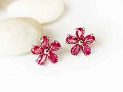 Lab Created Pink Ruby 2.00Ct Pear Cut Flower Stud Earring 14K White Gold Plated - Image 1 of 4