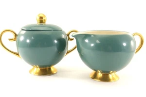 Flintridge China Sylvan California Teal CREAMER & COVERED SUGAR Retired Vintage - Picture 1 of 13