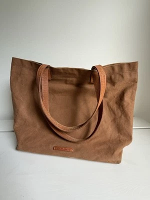Lucky Brand 棕色帆布托特包 100% 棉皮革肩带波西米亚单肩包钱包 — 第 1/4 张图片