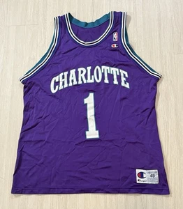 Vintage 90s Tyrone ‘Muggsy’ Bogues Champion Jersey 48 Charlotte Hornets Purple - Picture 1 of 6