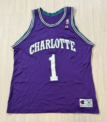 Vintage 90s Tyrone ‘Muggsy’ Bogues Champion Jersey 48 Charlotte Hornets Purple - Image 1 of 4